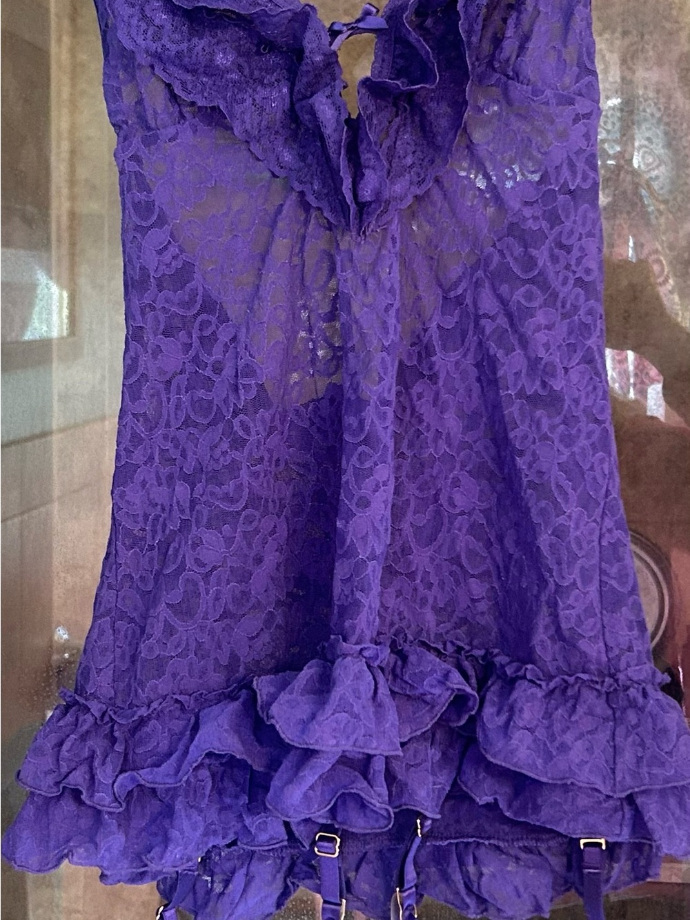 Victoria's Secret Purple Lace Ruffle Teddy with straps for stockings